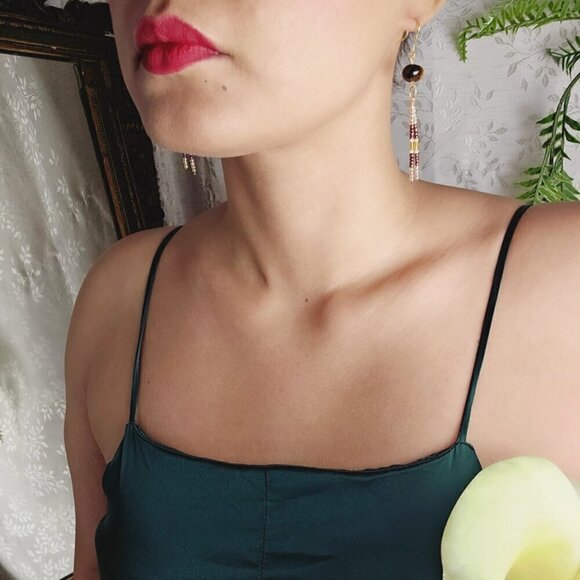 2/$27 | Genuine Tigers Eye Beaded Indigenous Native Fringe Earrings | Handmade - Picture 4 of 6